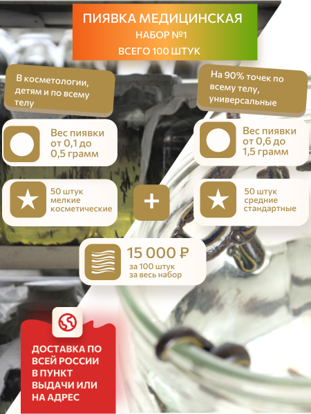 Набор №1 Гирудо-комбо, 50 косметика + 50 средние, всего 100 штук